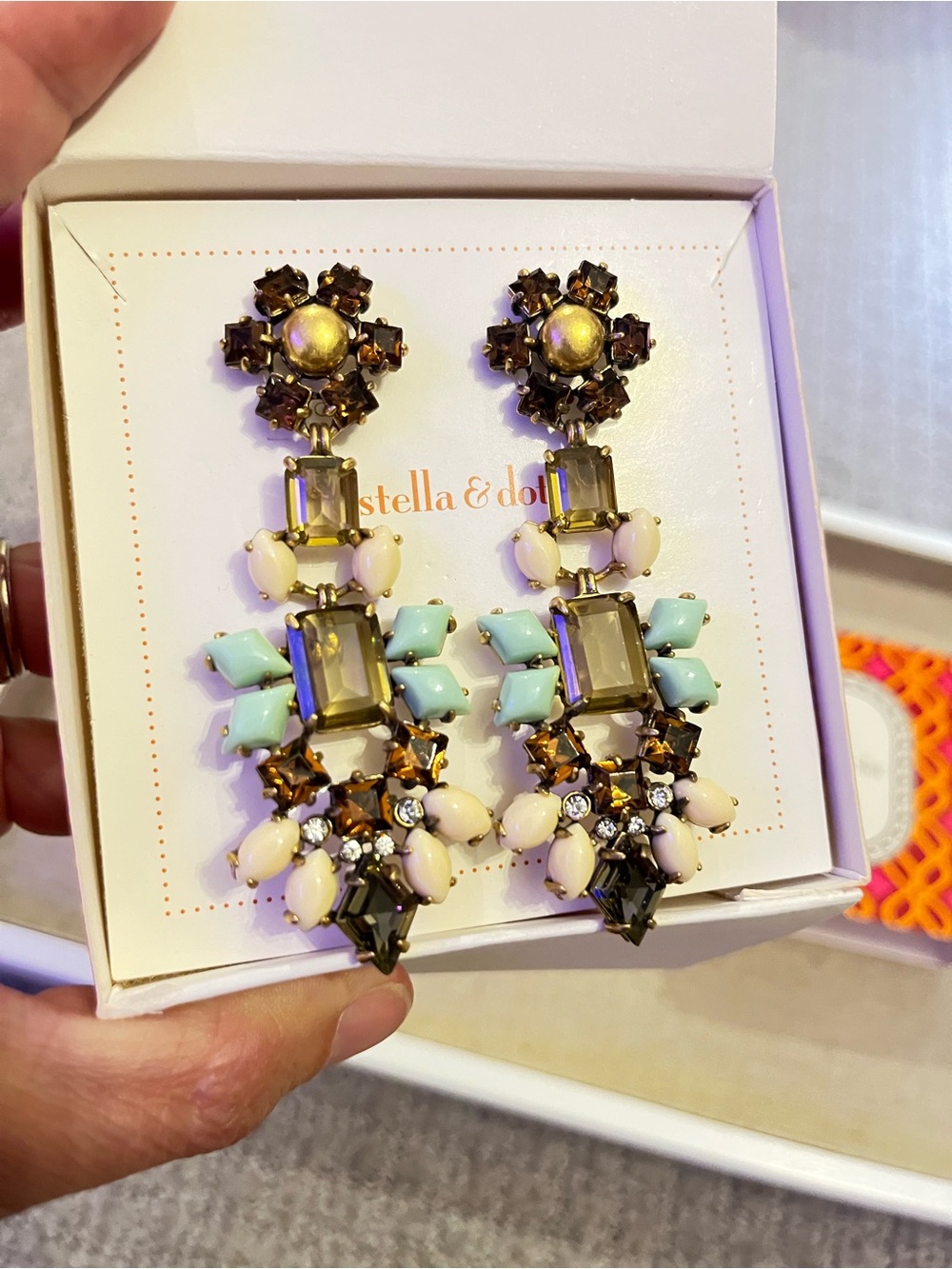 Stella & Dot Mint, Cream and Amber Crystal Drop Earrings